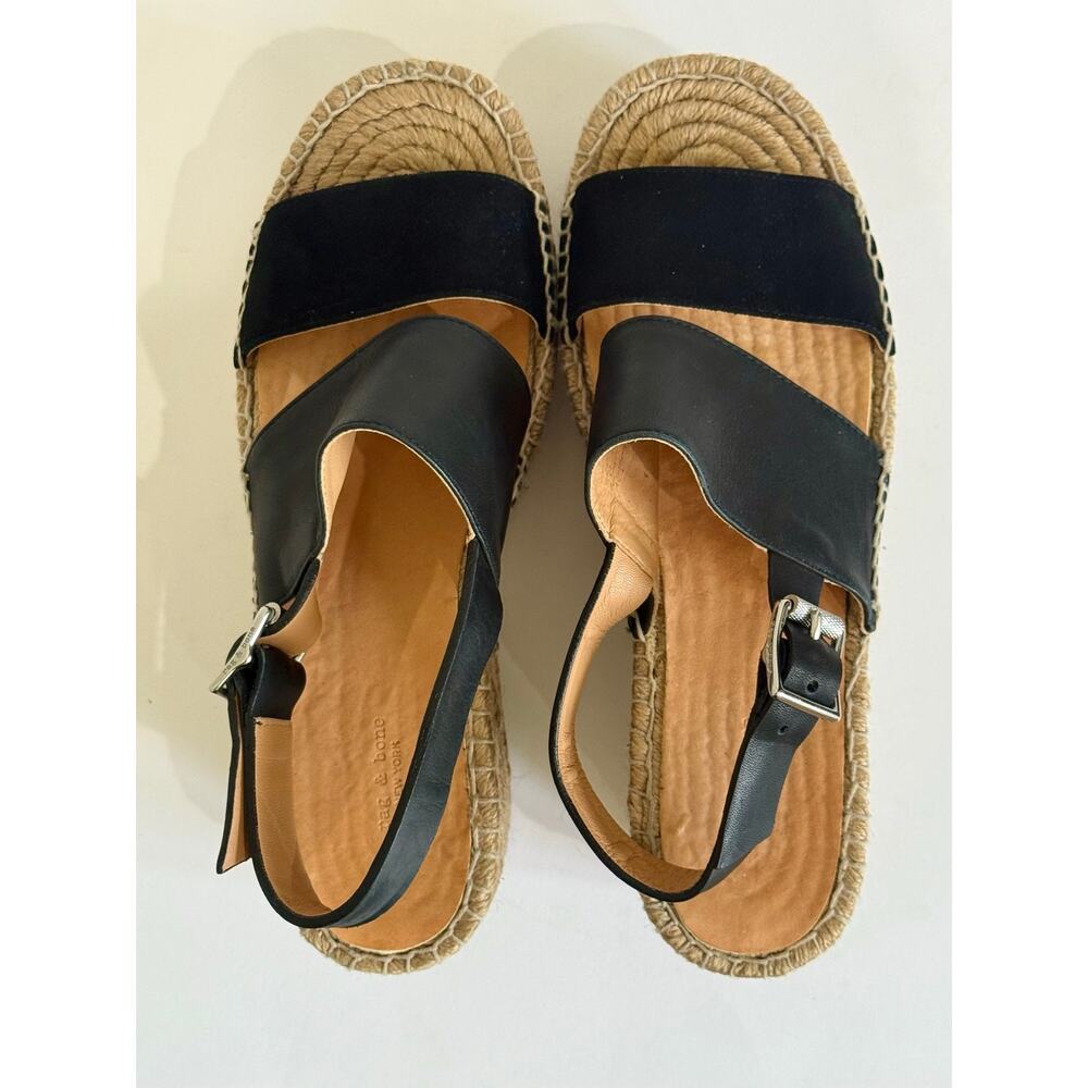 Rag & Bone Black Leather Suede Espadrille Platform Wedge Sandals Size EU 38 US 8 - Picture 6 of 12